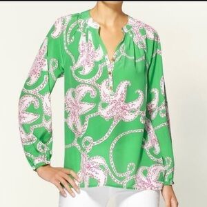 Lilly Pulitzer Green & Pink Silk Blouse